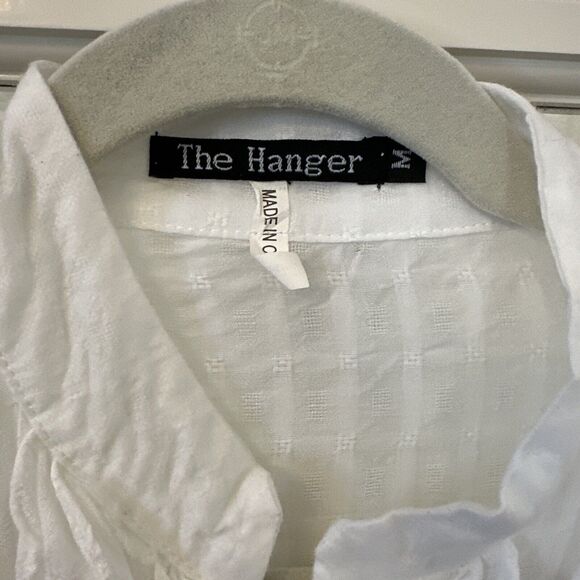 White Gauze Ruffle Front Button Up Blouse Juniors M Roll Tab Sleeve - Picture 4 of 9